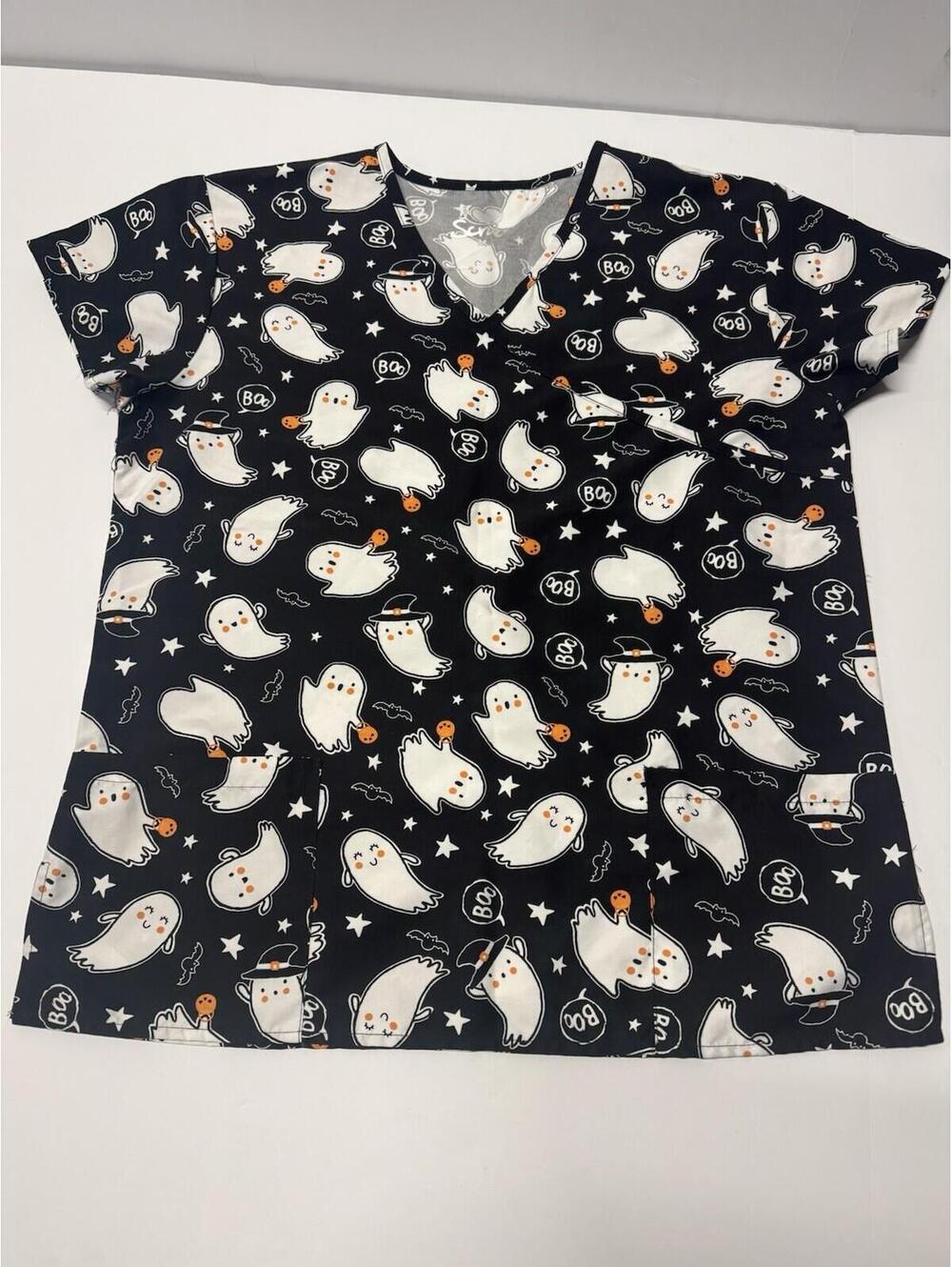 Scrub Top Women's Size Medium Black Stretch Halloween Ghost Print